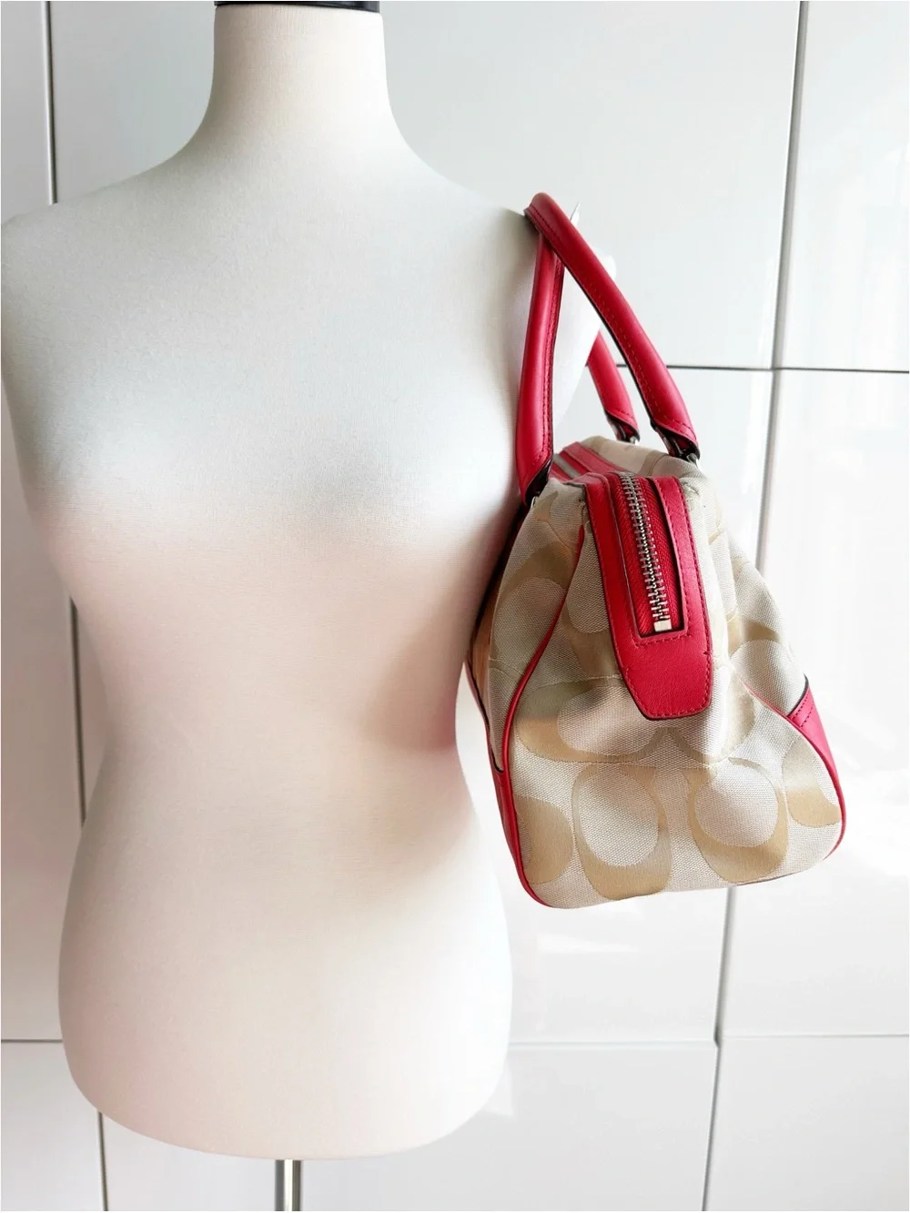 Coach Legacy Haley Satchel Signature Print With Coral Leather Accent Bag Tassel
